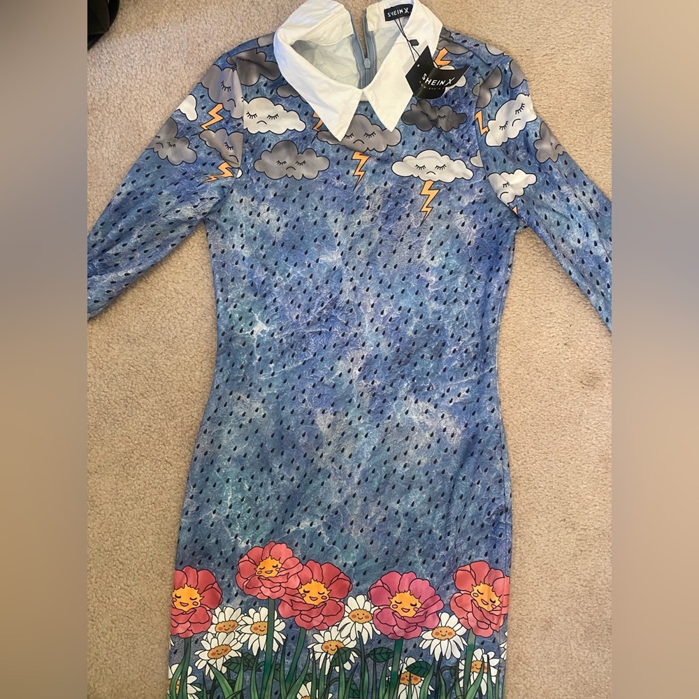 Brand New with tags SHEIN x Blue Dress with Cloud and Flower Print